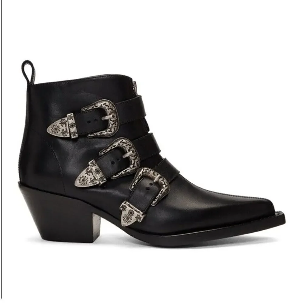R13 Ankle Three Buckle Boot Black Leather sz 38 $995